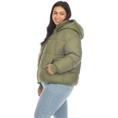 Plus Size Full Front Zip Hooded Bomber Puffer Coat