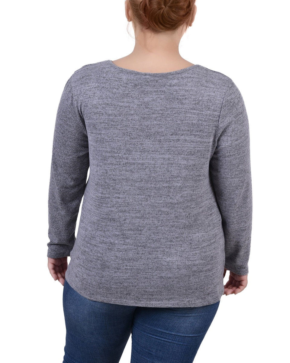  NY Collection Plus Size Long Sleeve Knit Keyhole Top With Studs - Navy - Bonton