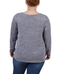 Plus Size Long Sleeve Knit Keyhole Top With Studs