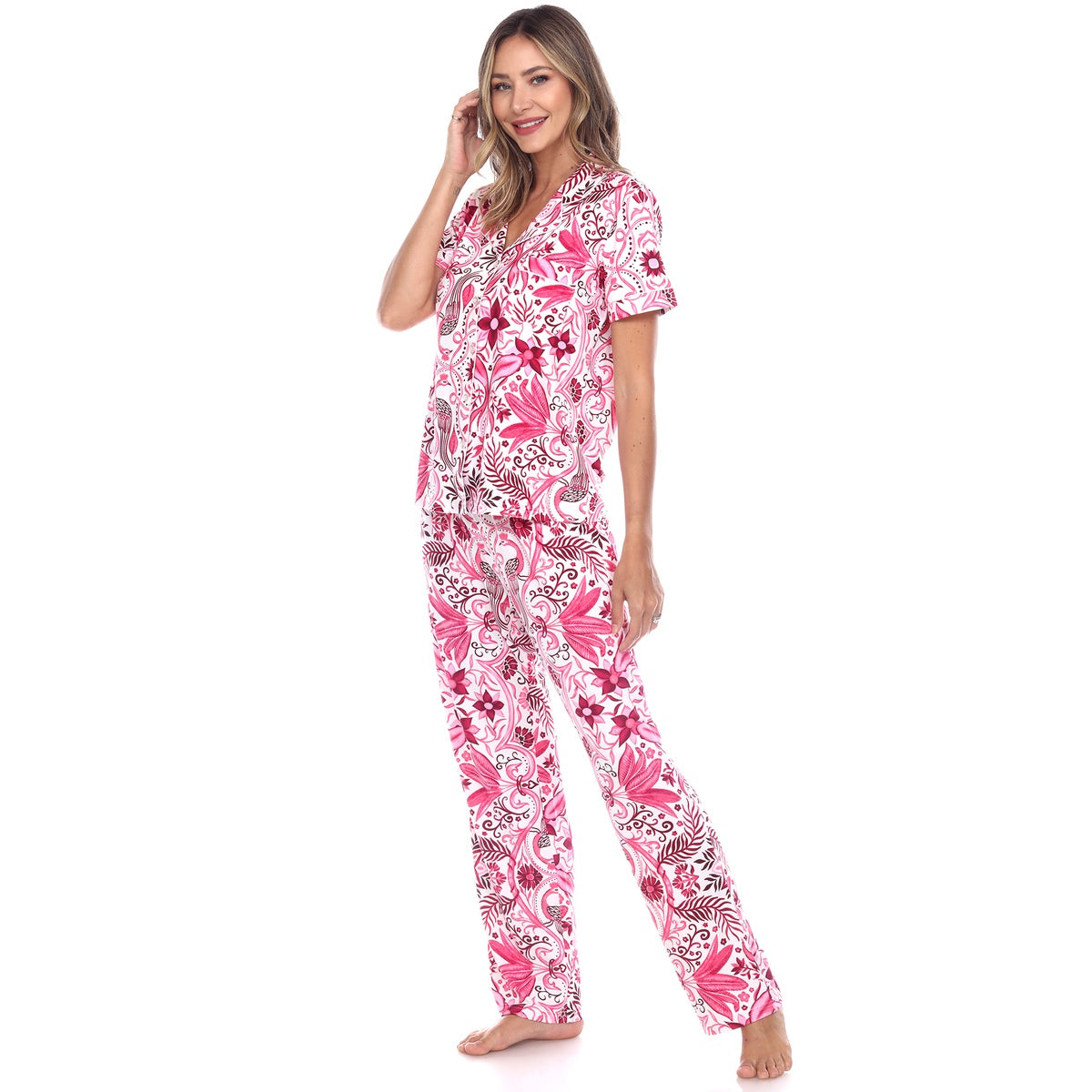  White Mark Women's Short Sleeve & Pants Tropical Pajama Set - L - Bonton