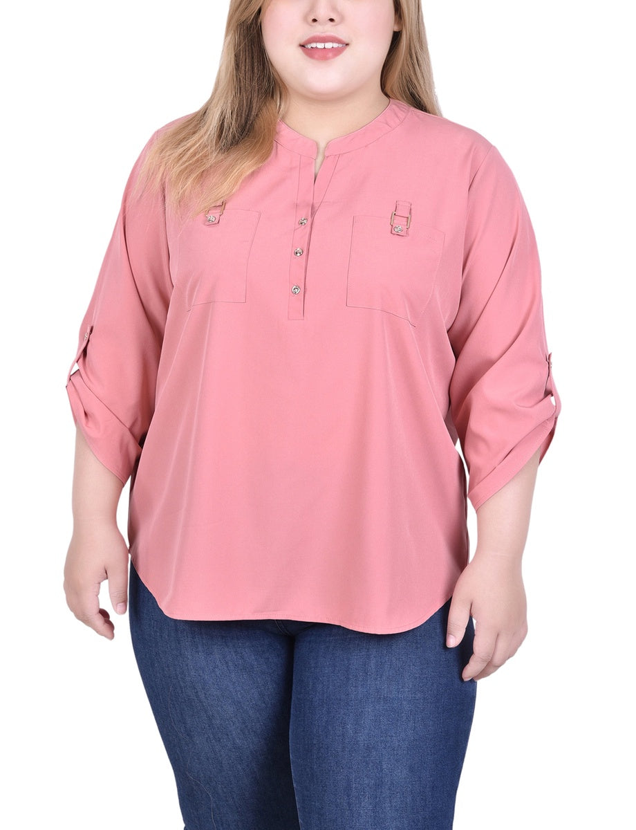  NY Collection 3/4 Tabbed Sleeve Y Neck Blouse - Dusty Rose - Bonton