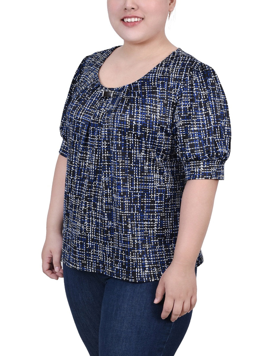  NY Collection Plus Size Short Sleeve Balloon Sleeve Top With Hardware - Black Taupe Zebra - Bonton