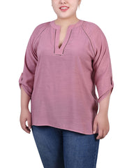 Plus Size Raglan Sleeve Split Neck Blouse