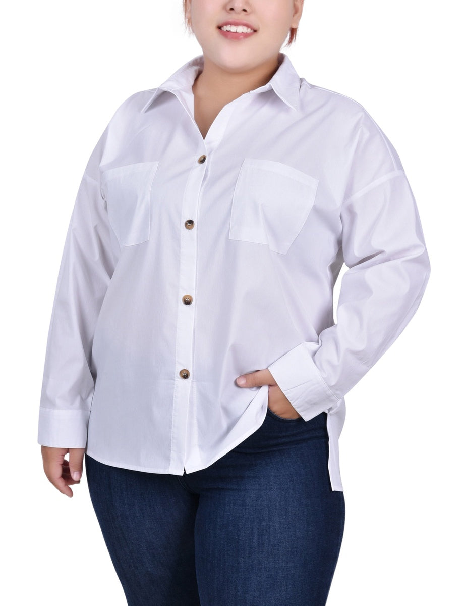  NY Collection Plus Size Long Sleeve Blouse With Chest Pockets - Electric Blue Lemonade - Bonton