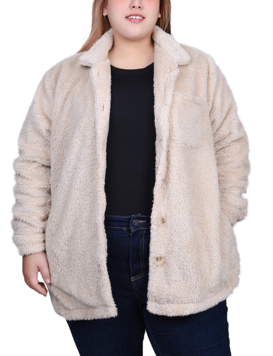  NY Collection Plus Size Long Sleeve Button Front Sherpa Jacket - Ivory - Bonton