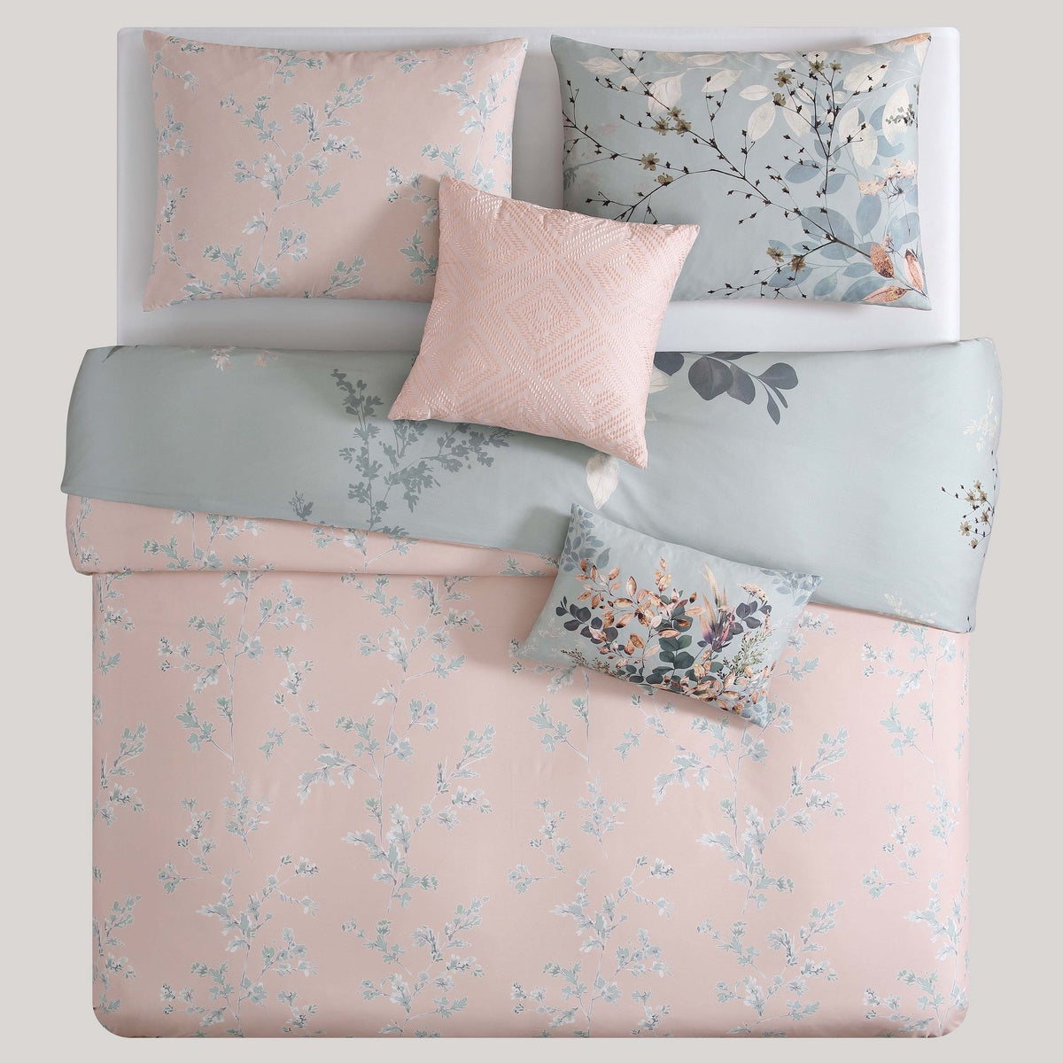  Bebejan Peach Leaves on Sage 100% Cotton 5-Piece Reversible Comforter Set - QUEEN - Bonton