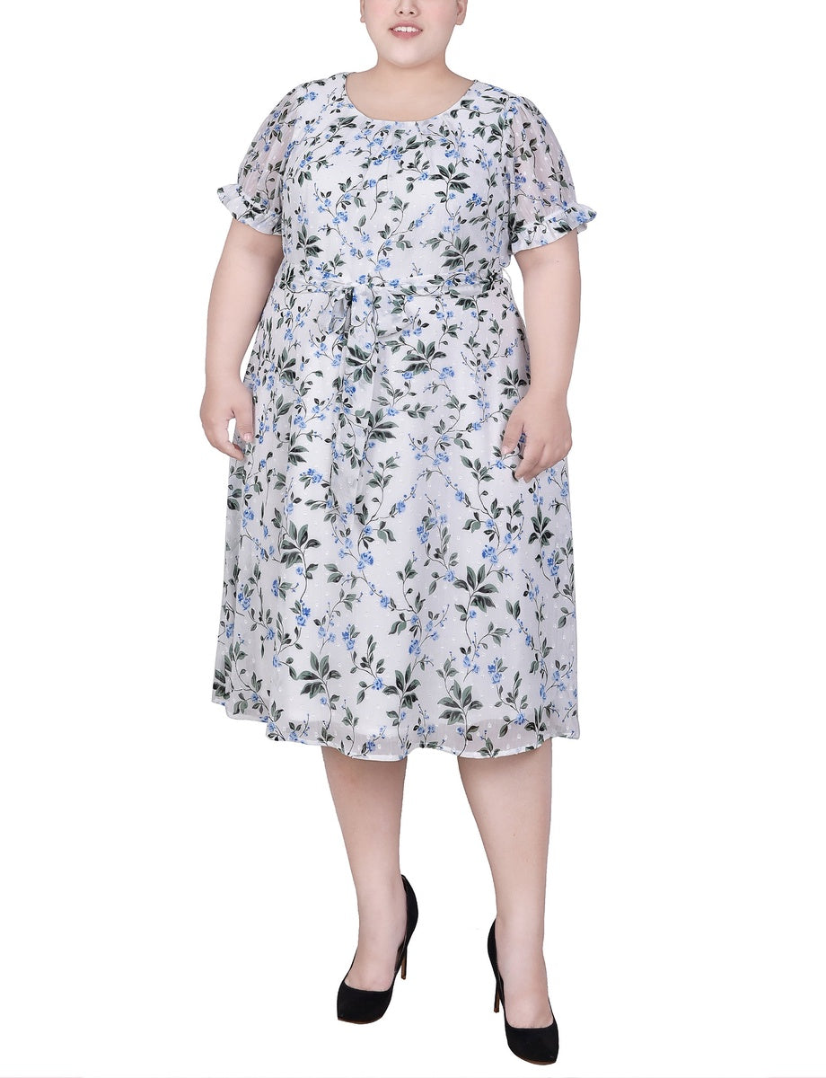  NY Collection Plus Size Short Sleeve Belted Swiss Dot Dress - Mellow Rose Rectangle - Bonton