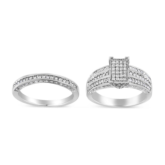 .925 Sterling Silver 3/4 Cttw Prong Set Round Diamond Composite Engagement Ring And Band Set (I-J Color, I3 Clarity) - Size 7