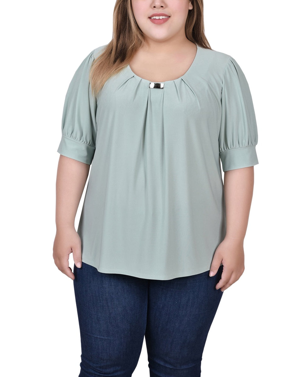  NY Collection Plus Size Short Sleeve Balloon Sleeve Top With Hardware - Bittersweet - Bonton