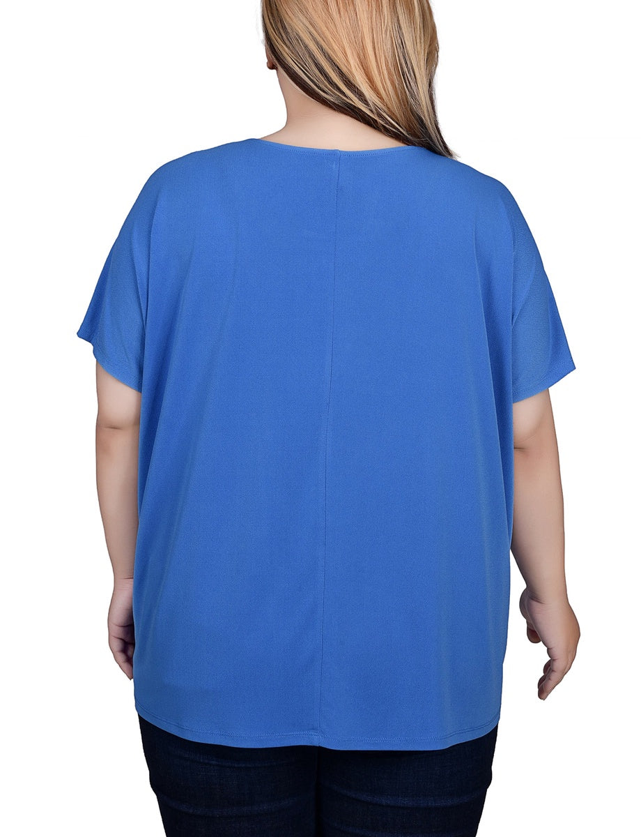  NY Collection Plus Size Short Sleeve Extended Sleeve Tunic Top - Magenta Pyramid - Bonton