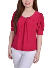 Short Sleeve Balloon Sleeve Top With Hardware