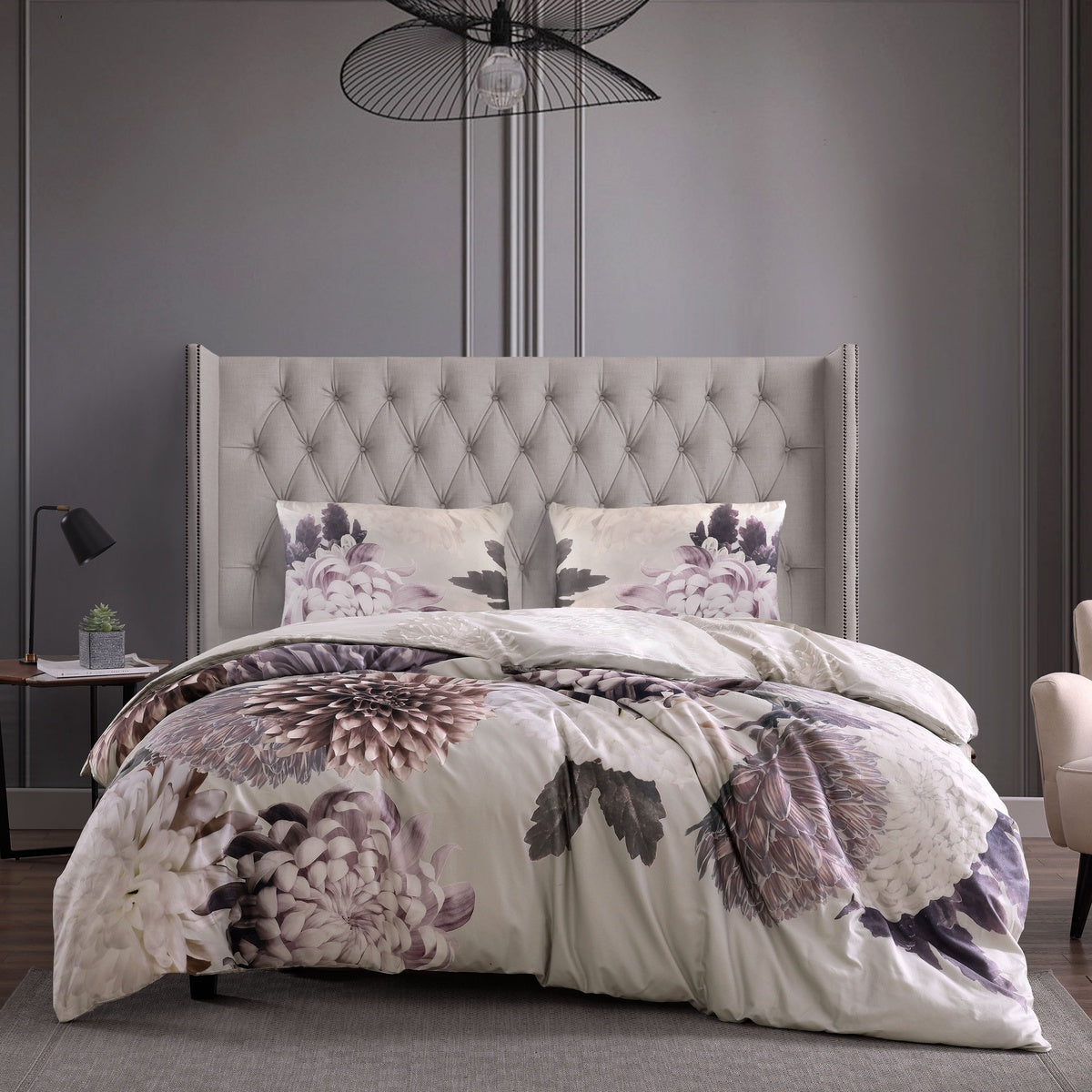  Bebjan Bebejan Dahlia Purple 200 Thread Count 100% Cotton Sateen 3 Piece Reversible Duvet Cover Set - QUEEN - Bonton