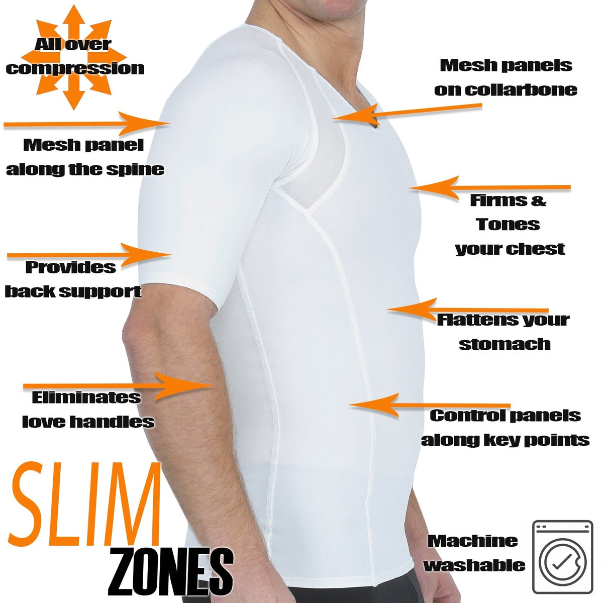  InstantFigure Insta Slim Compression Side & Back Power Mesh Panel V_Neck Shirt VS2307 - White - Bonton
