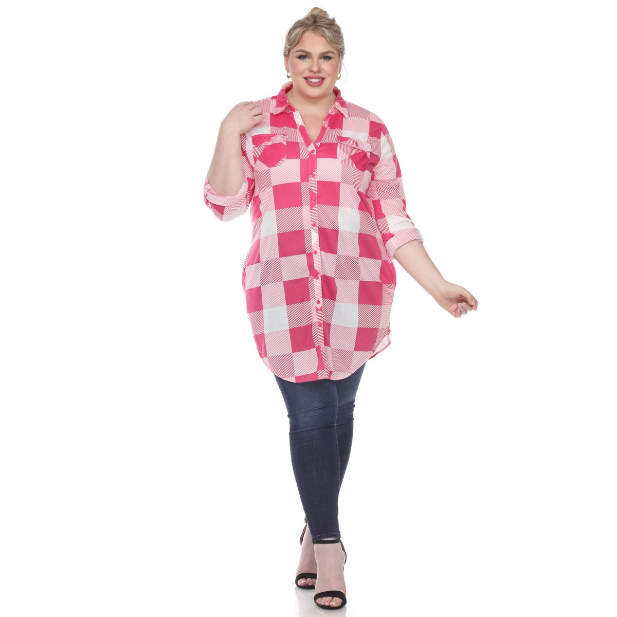  White Mark Plus Size Plaid Button Down Tunic Shirt - 1X - Bonton