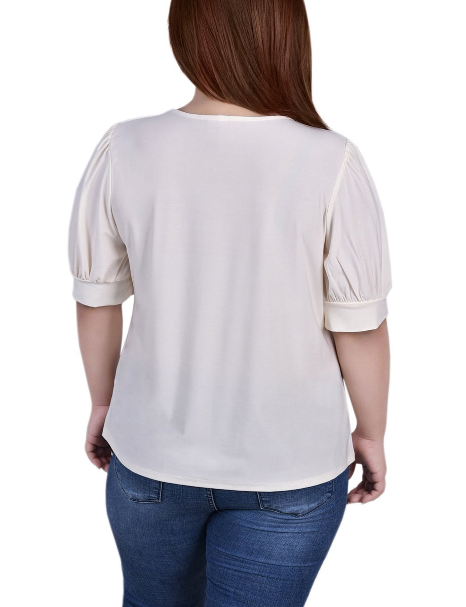  NY Collection Plus Size Short Sleeve Balloon Sleeve Top With Hardware - Bittersweet - Bonton