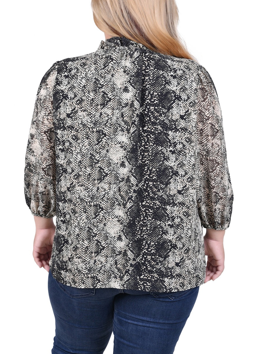  NY Collection Plus Size 3/4 Sleeve Chiffon Blouse - Black Lace Floral - Bonton