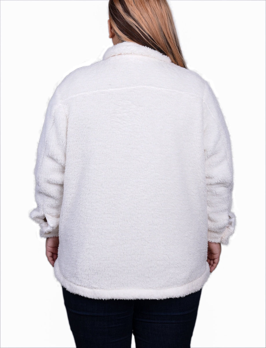  NY Collection Plus Size Long Sleeve Button Front Sherpa Jacket - Ivory - Bonton