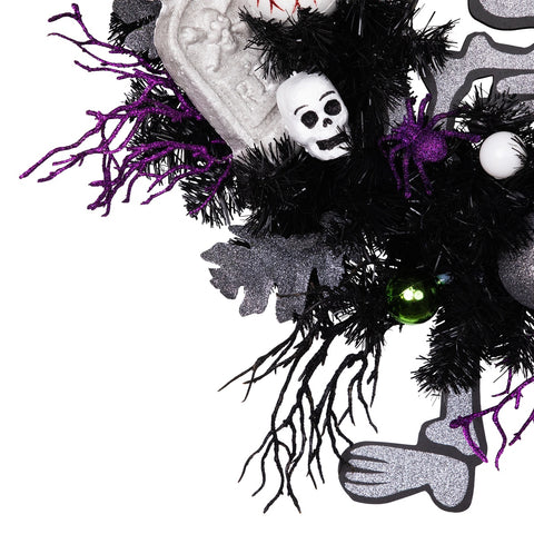 Purple and Black Spooky Skeleton Pine Halloween Wreath  24-Inch  Unlit