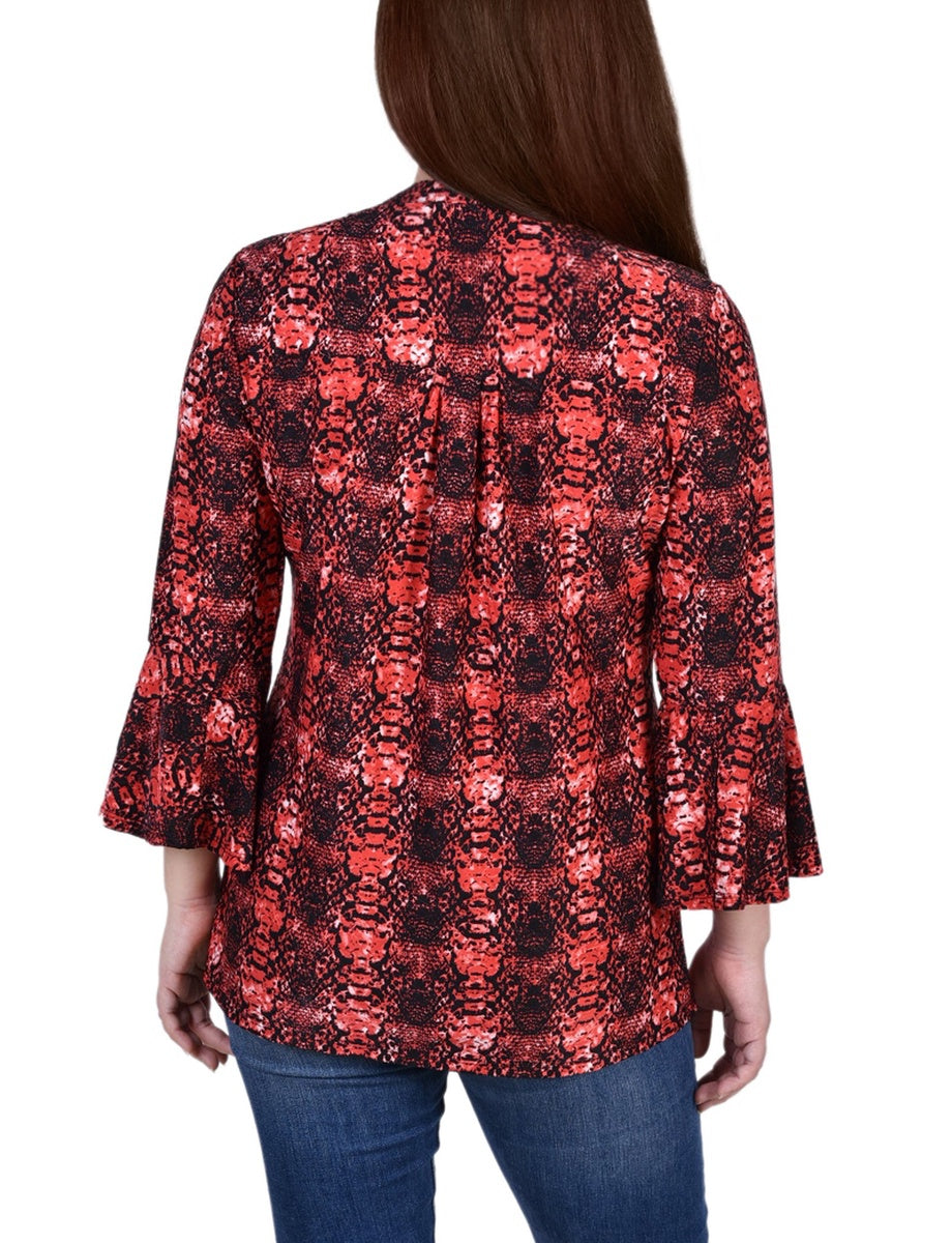  NY Collection 3/4 Bell Sleeve Pleat Front Y Neck Top - Mauve Tie Dye - Bonton