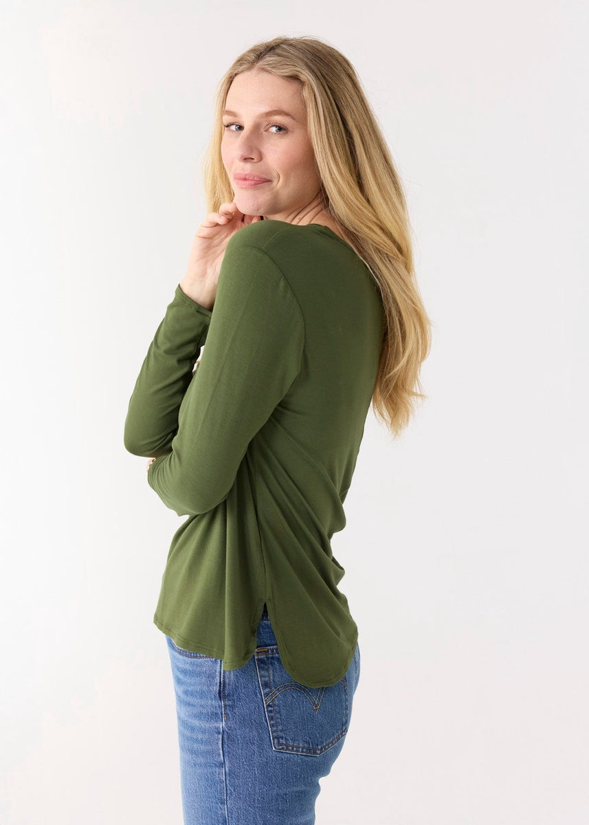  Cabana Life Olive Hi/Lo Bamboo Long Sleeve Top - XS - Bonton