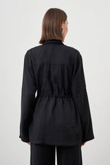 Mizalle-Cinched Waist Shirt Jacket-Black