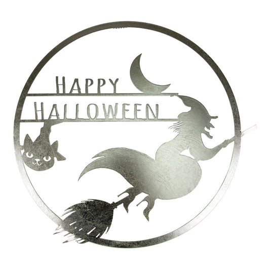 17" Silver Flying Witch Happy Halloween Wall Sign