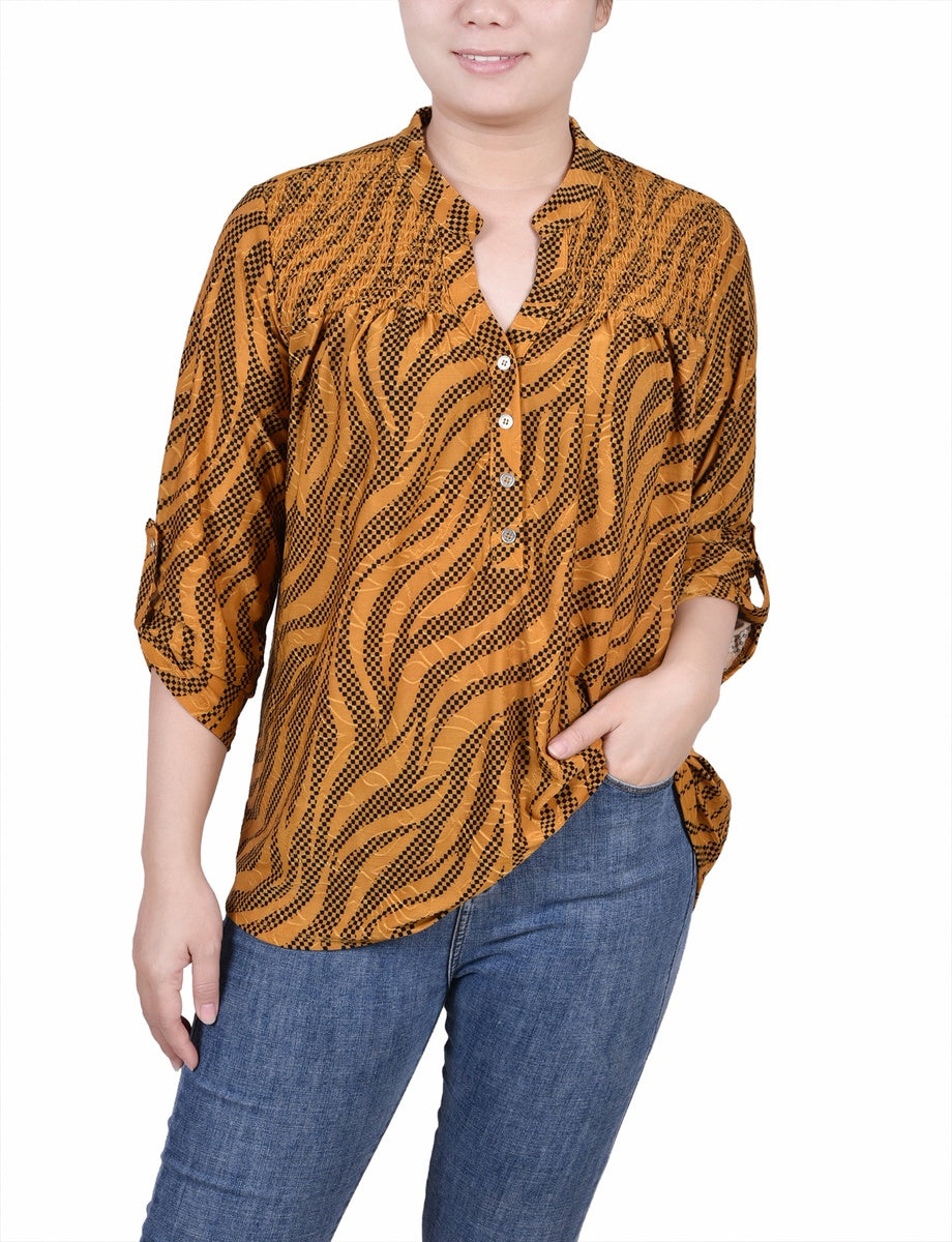  NY Collection Petite 3/4 Roll Tab Sleeve Smocked-Yoke Top - Etch Dark Blue - Bonton