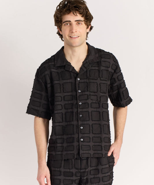 Textured Short Sleeve Button Down Shirt - Black