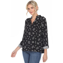 Women's Pleated Long Sleeve Leaf Print Blouse