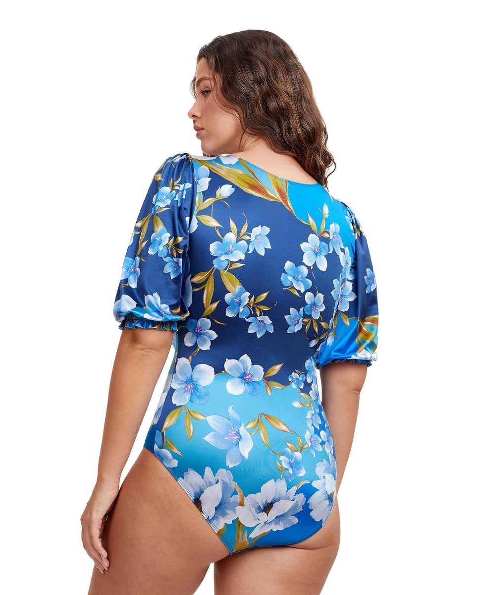  Gottex Modest Puff Sleeve High Neck One Piece Swimsuit - GOTTEX MODEST BELLA ROSE BLUE - Bonton