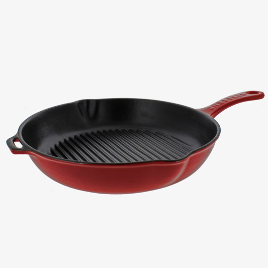 French Round Enameled Cast Iron Grill Pan, 10-Inch, Red