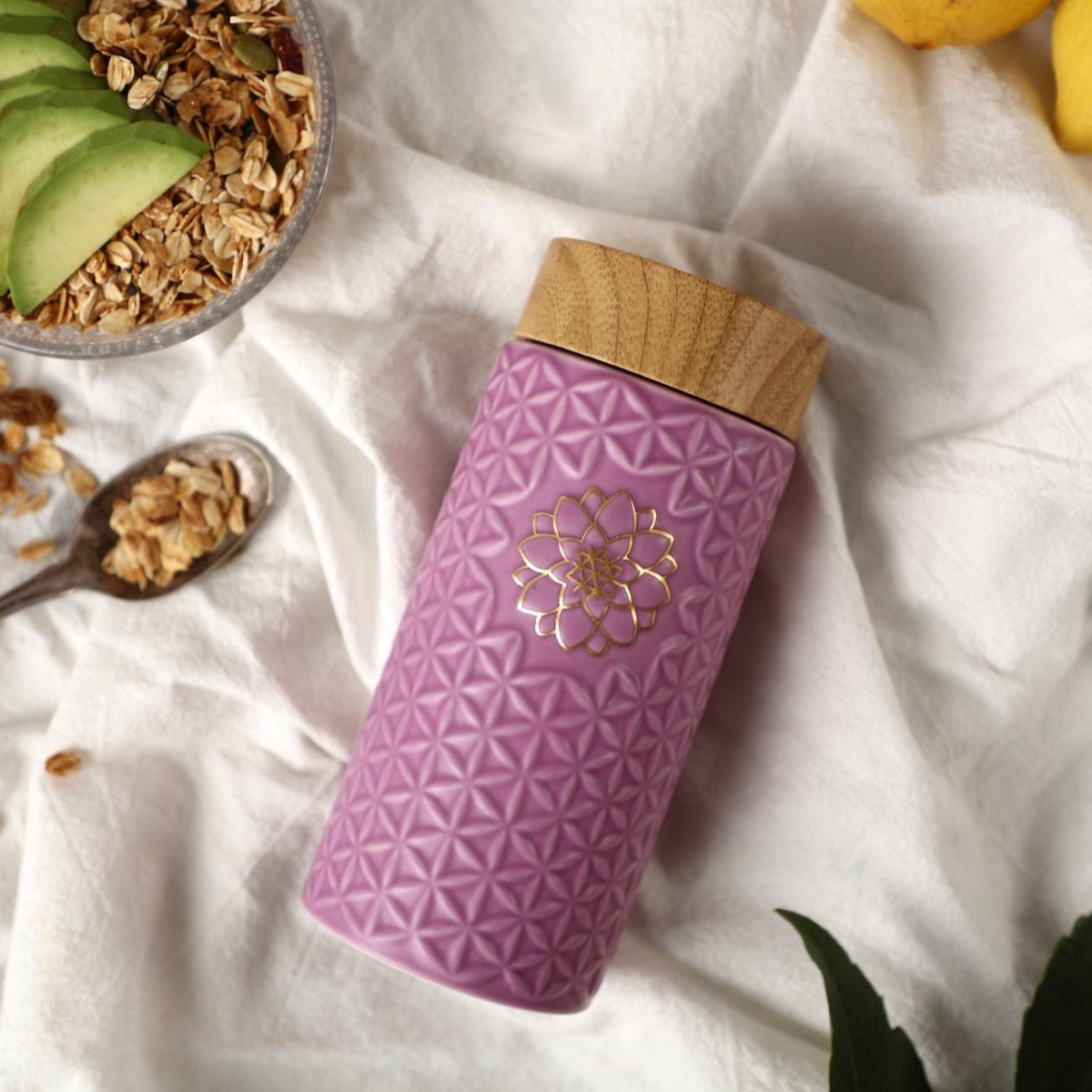  Acera Flower of Life Travel Mug / Single Wall / 14 Oz - Lilac / Hand-painted gold flower - Bonton