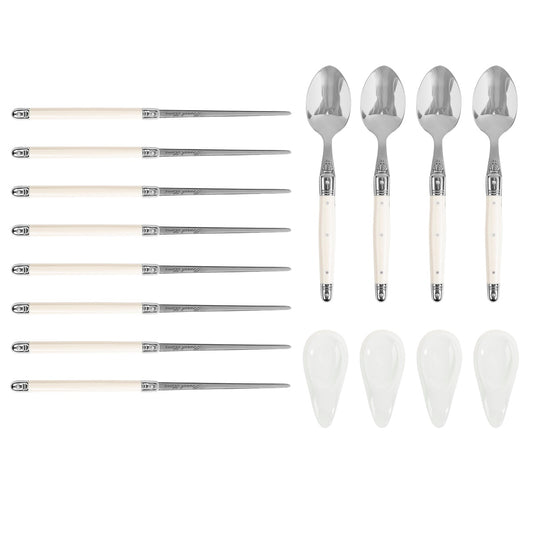 Faux Ivory Chopsticks, Laguiole Spoons and Ceramic Rests, Set of 4 Pairs