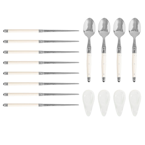 Faux Ivory Chopsticks, Laguiole Spoons and Ceramic Rests, Set of 4 Pairs