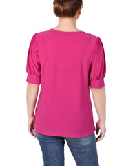 Short Sleeve Balloon Sleeve Top With Hardware