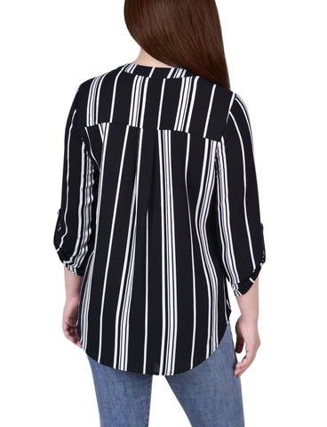 Petite 3/4 Sleeve Mandarin Collar Blouse With Front Pleats