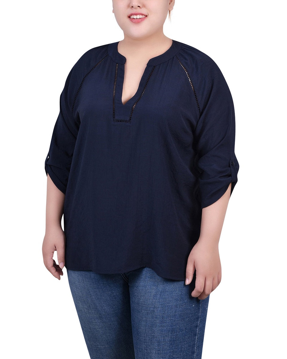  NY Collection Plus Size Raglan Sleeve Split Neck Blouse - Black - Bonton