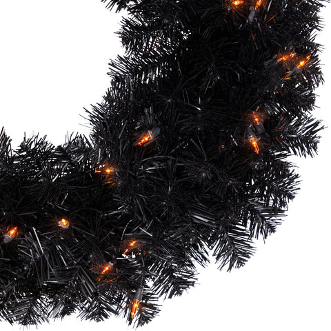 Pre-Lit Noble Spruce Artificial Halloween Wreath - 24" - Black - Orange Lights