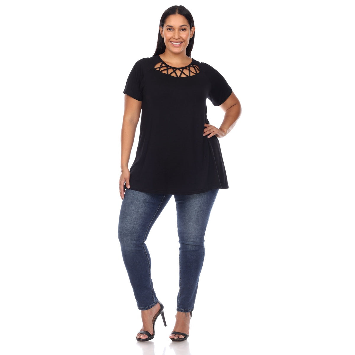  White Mark Plus Size Crisscross Cutout Short Sleeve Top - 1X - Bonton