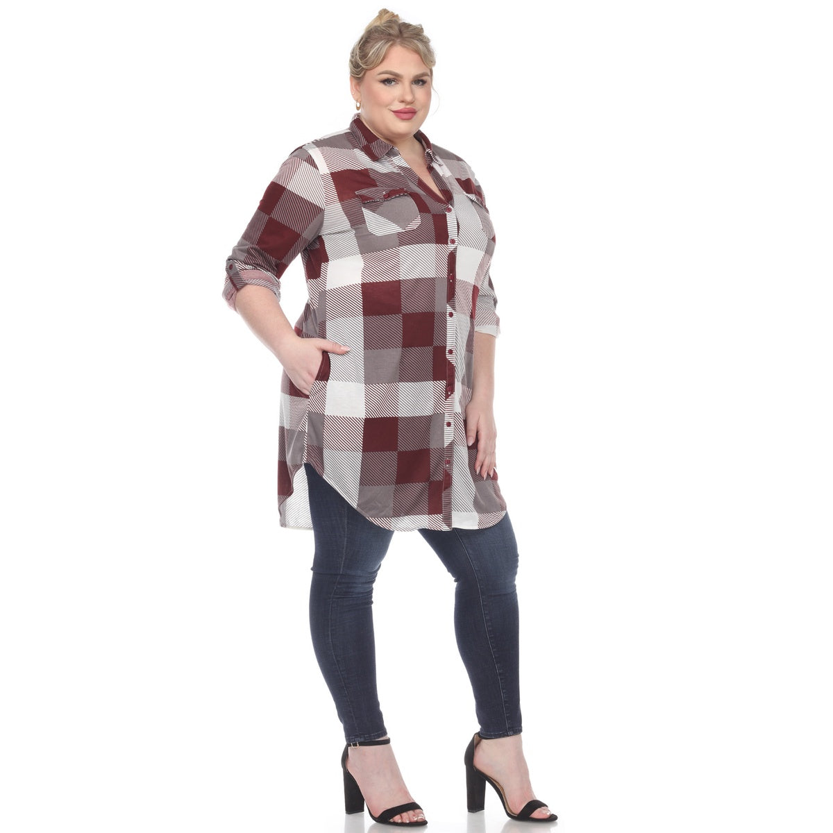  White Mark Plus Size Plaid Button Down Tunic Shirt - 1X - Bonton