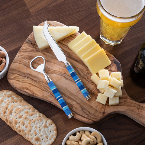 Jubilee Cheese Knife, Bottle Opener and Olive Wood Board Set - Shades of Denim