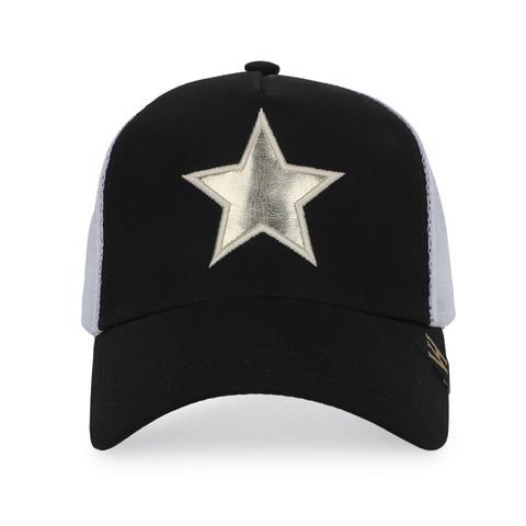 Vintage Havana Trucker Hat for Women – White Mesh & Black Canvas Adjustable Cap With Washed Gold Star