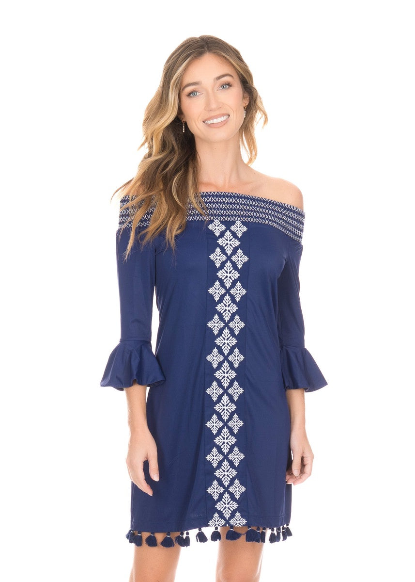  Cabana Life Navy Embroidered Off the Shoulder Dress - XS - Bonton