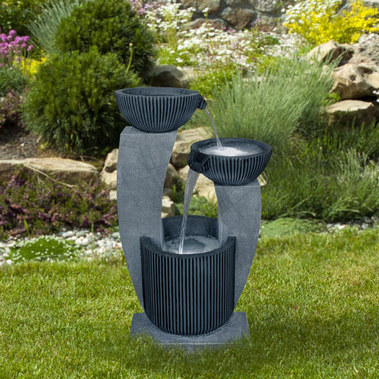 32" Lighted Blue Modern Tiered Outdoor Garden Water Fountain