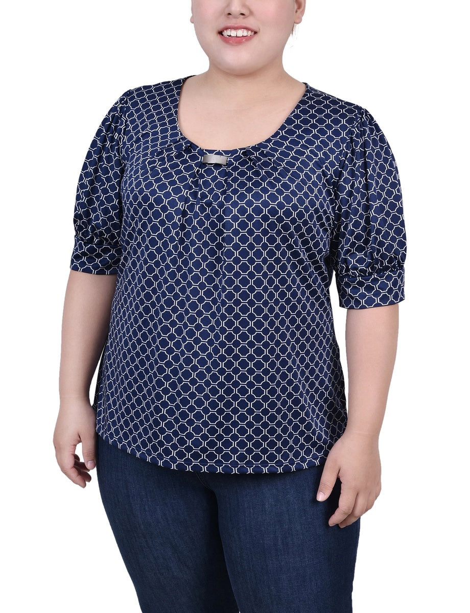  NY Collection Plus Size Short Sleeve Balloon Sleeve Top With Hardware - Black Taupe Zebra - Bonton