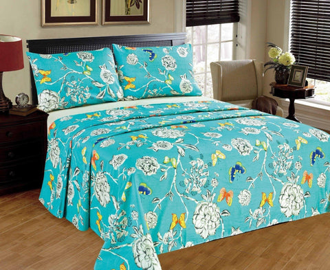 Tache 2-3 PC Cotton Butterfly Wonderland Blue Floral Colorful Girly Flat Sheet Set - DaDa Bedding Collection