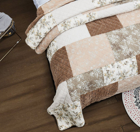 DaDa Bedding Dusty Rose Taupe Beige Brown Floral Cottage Patchwork Quilted Bedspread Set (JHW-866) by DaDa Bedding Collection