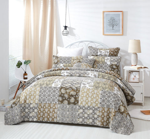 DaDa Bedding Bohemian Olive Brown Moroccan Paisley Floral Filigree Patchwork Cotton Bedspread Set (JHW-885) by DaDa Bedding Collection