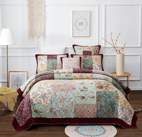 DaDa Bedding Bohemian Burgundy Red Velvet Trim Floral Paisley Patchwork Cotton Bedspread Set (JHW-868) by DaDa Bedding Collection