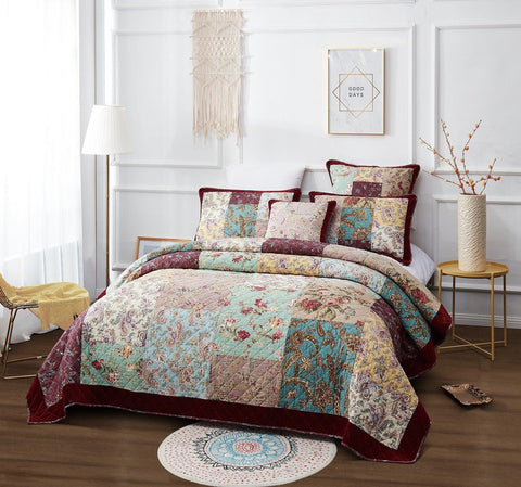 DaDa Bedding Bohemian Burgundy Red Velvet Trim Floral Paisley Patchwork Cotton Bedspread Set (JHW-868) by DaDa Bedding Collection